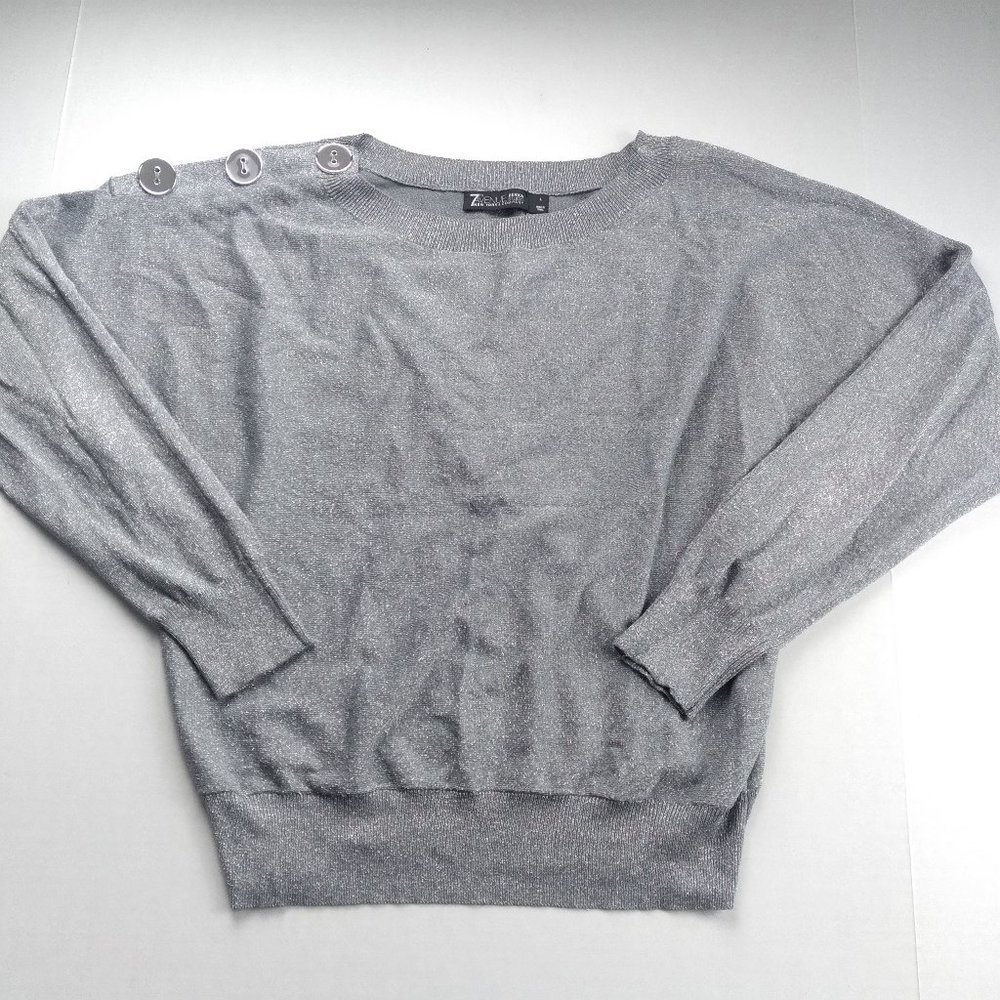7TH AVENUE Womens Pullover Sweater Size Large Silver Metallic Shoulder Buttons